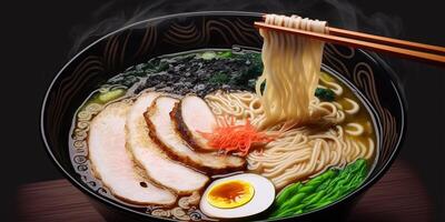 The black bowl of ramen on the table with . photo