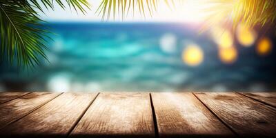 The wood table in the beach in summer time with . photo