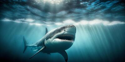 el tiburón es nadando en submarino con ai generado. foto