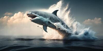 The shark is jumping and attacking from the sea surface with . photo