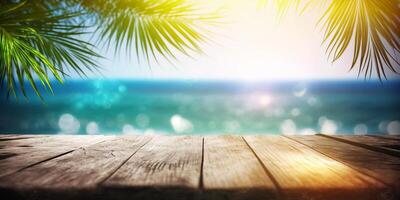 el madera mesa en el playa en verano hora con ai generado. foto