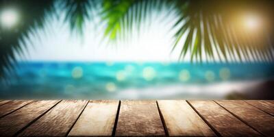 The wood table in the beach in summer time with . photo