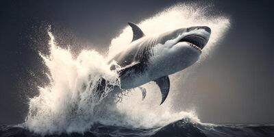 The shark is jumping and attacking from the sea surface with . photo