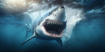 The shark is attacking in underwater with . photo