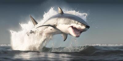 The shark is jumping and attacking from the sea surface with . photo