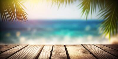 The wood table in the beach in summer time with . photo