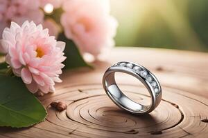 wedding ring with pink flowers on wooden background, close up photo