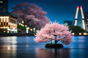 Cherry blossoms tree in full bloom in floating at lake or water photo