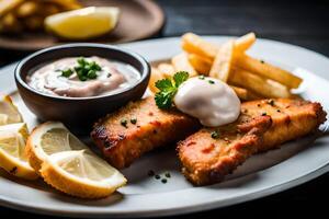 Fish and chips with tartar sauce and lemon American food style photo