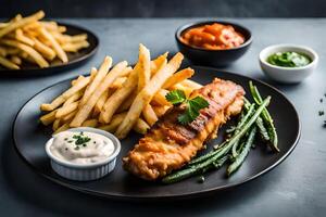 Grilled salmon steak with french fries and sauce on black plate photo