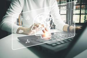 AI technology, Artificial Intelligence, Chatbot Chat and talk with AI, Using laptop for search and find data by command prompt, robot learning machine create or generate picture or article auto photo