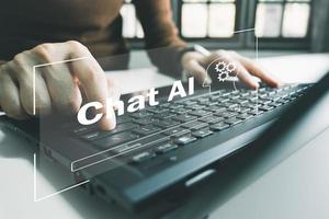 AI technology, Artificial Intelligence, Chatbot Chat and talk with AI, Using laptop for search and find data by command prompt, robot learning machine create or generate picture or article auto photo