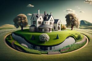 fantasy House in the middle of the green meadow. photo