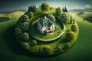 fantasy House in the middle of the green meadow. photo