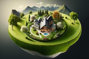 fantasy House in the middle of the green meadow. photo