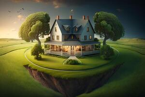 fantasy House in the middle of the green meadow. photo