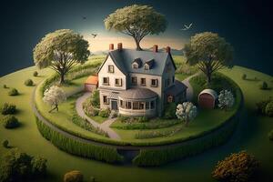 fantasy House in the middle of the green meadow. photo