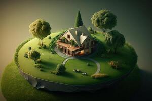 fantasy House in the middle of the green meadow. photo