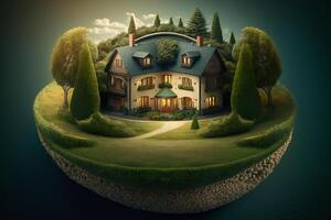 fantasy House in the middle of the green meadow. photo