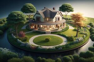 fantasy House in the middle of the green meadow. 3D rendering photo