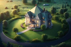 fantasy House in the middle of the green meadow. 3D rendering photo