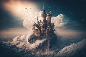 ai generativo un fantasía castillo en el nube foto