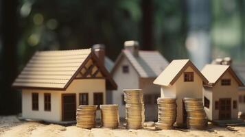 a stock of coins and house real estate and investment concept photo