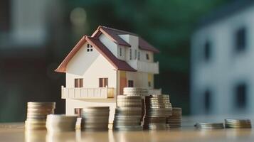 a stock of coins and house real estate and investment concept photo