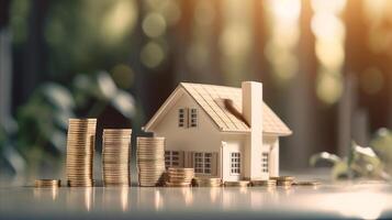 a stock of coins and house real estate and investment concept photo