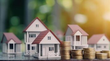 a stock of coins and house real estate and investment concept photo