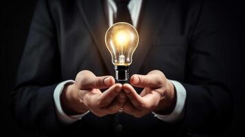 Businessman holding a glowing lightbulb in his hand. Business and innovation concept. photo