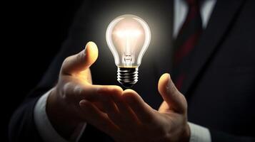 Businessman holding a glowing lightbulb in his hand. Business and innovation concept. photo