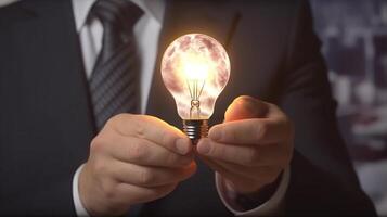 Businessman holding a glowing lightbulb in his hand. Business and innovation concept. photo