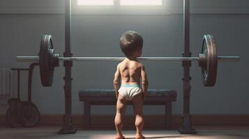 ai generativo pequeño chico haciendo ejercicios en el gimnasia, aptitud y culturismo concepto foto