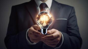 Businessman holding a glowing lightbulb in his hand. Business and innovation concept. photo