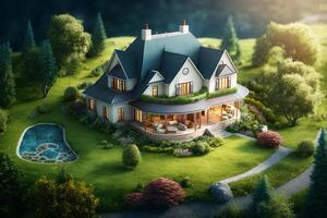 fantasy House in the middle of the green meadow. photo