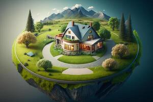 fantasy House in the middle of the green meadow. photo