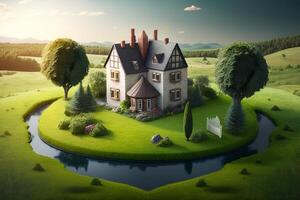 fantasy House in the middle of the green meadow. photo