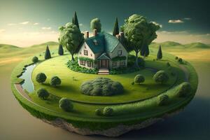 fantasy House in the middle of the green meadow. photo