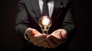 Businessman holding a glowing lightbulb in his hand. Business and innovation concept. photo