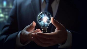 Businessman holding a glowing lightbulb in his hand. Business and innovation concept. photo