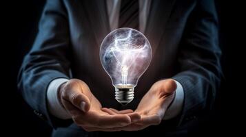 Businessman holding a glowing lightbulb in his hand. Business and innovation concept. photo