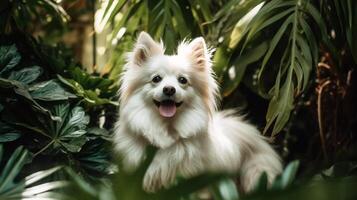 ai generado retrato de linda blanco gracioso perro entre tropical verde plantas generativo ai foto