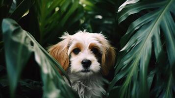 ai generado retrato de linda blanco jengibre gracioso mullido perro entre tropical verde plantas generativo ai foto