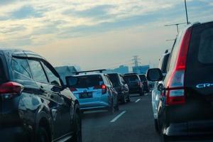 West Java, Indonesia in April 2023. The traffic jam that occurred on the Jakarta Cikampek 2 elevated toll road or known as the MBZ Mohammad Bin Zayed toll road photo