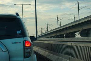 West Java, Indonesia in April 2023. The traffic jam that occurred on the Jakarta Cikampek 2 elevated toll road or known as the MBZ Mohammad Bin Zayed toll road photo