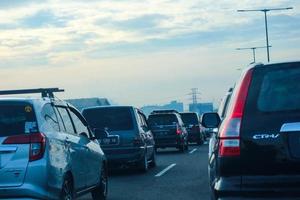 West Java, Indonesia in April 2023. The traffic jam that occurred on the Jakarta Cikampek 2 elevated toll road or known as the MBZ Mohammad Bin Zayed toll road photo