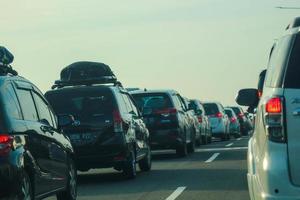 West Java, Indonesia in April 2023. The traffic jam that occurred on the Jakarta Cikampek 2 elevated toll road or known as the MBZ Mohammad Bin Zayed toll road photo