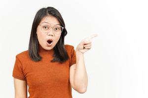 Showing Product and Pointing Side Of Beautiful Asian Woman Isolated On White Background photo