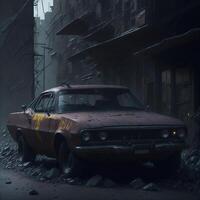 An old red car parked in front of post apocalyptic ruins photo